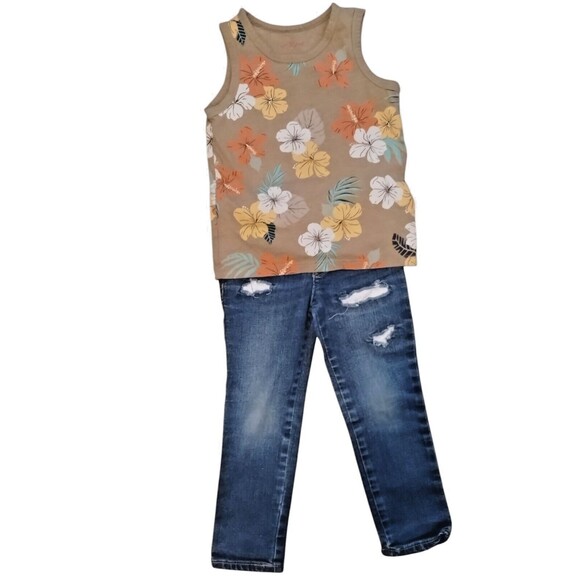 Cat And Jack Two Piece Stretch Skinny Jeans Size 4T Hawaiian Tank 3T - Picture 1 of 7